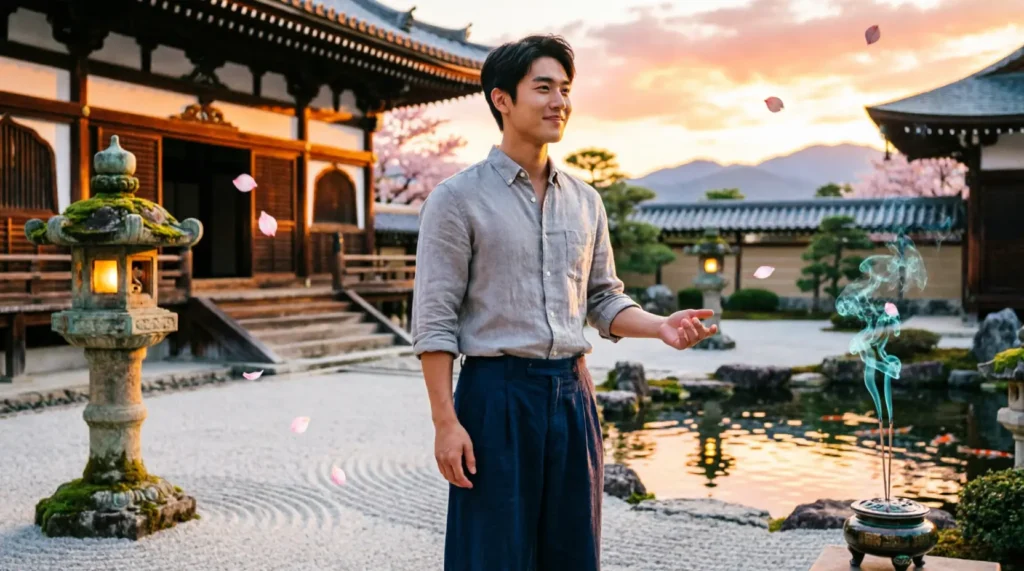 **Image Prompt (16:9):**
A visually stunning and romantic Zen temple setting at golden hour, designed as the ultimate βrizzβ atmosphere. A confident, charismatic young person stands gracefully in a peaceful Buddhist temple courtyard, casually delivering a smooth and charming pick-up line to someone clearly impressed and smiling back. The scene feels effortlessly magnetic and emotionally warm. Surroundings include traditional wooden temple architecture, perfectly raked sand gardens, glowing stone lanterns, a calm koi pond reflecting the sunset, and drifting cherry blossom petals in the air. Soft incense smoke adds a mystical touch, enhancing the serene spiritual vibe.
Best Buddhism Zen Temple Rizz Lines